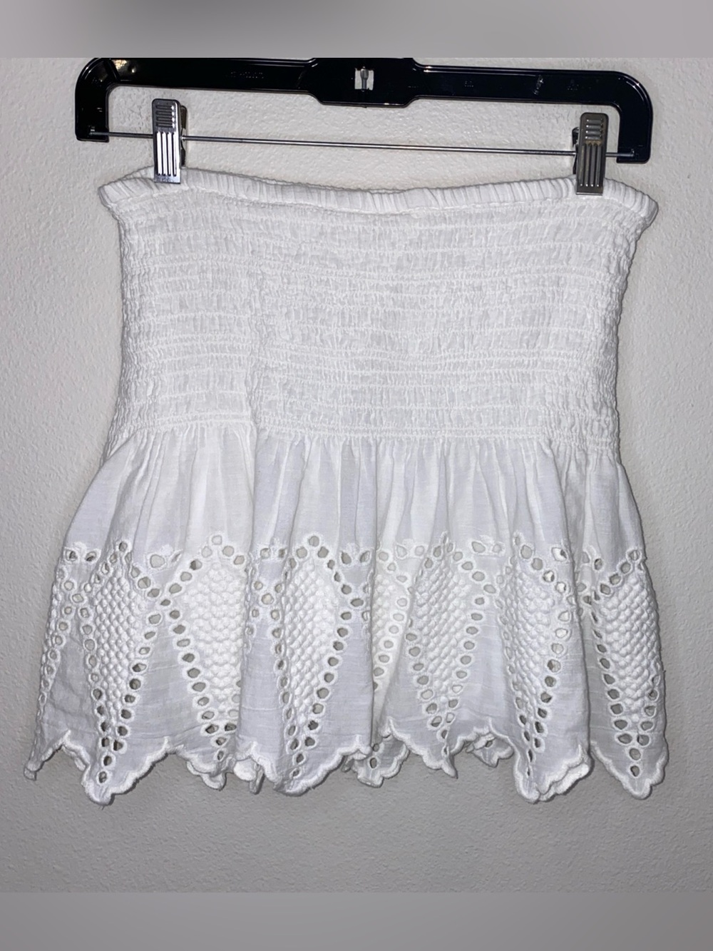 Ulla Johnson White Mini Skirt Size 2 Smocked Waist Scalloped Eyelet Hem Cotton